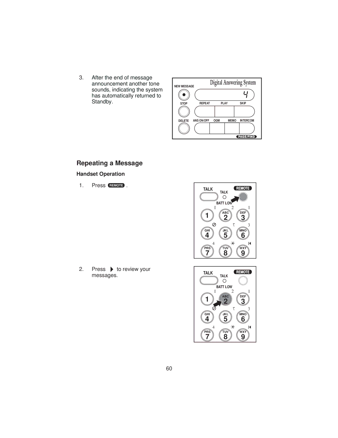 Uniden XCA4500 important safety instructions Repeating a Message, Press r Press 2 to review your messages 