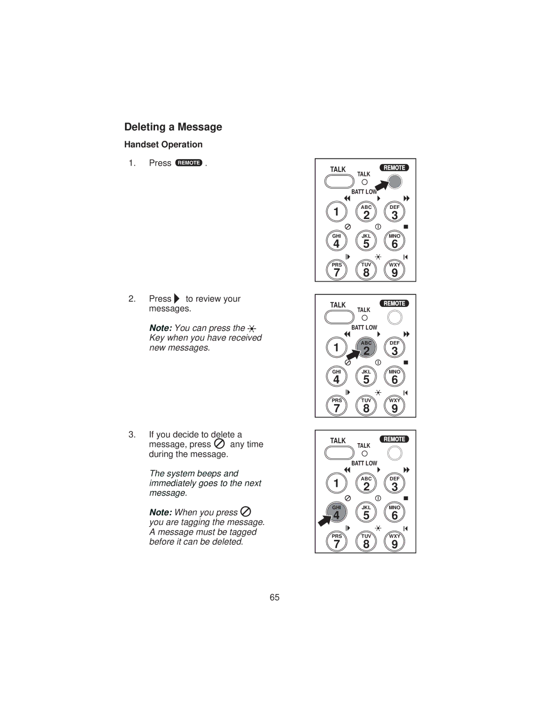 Uniden XCA4500 important safety instructions Deleting a Message, Press r . .Handset Operation 