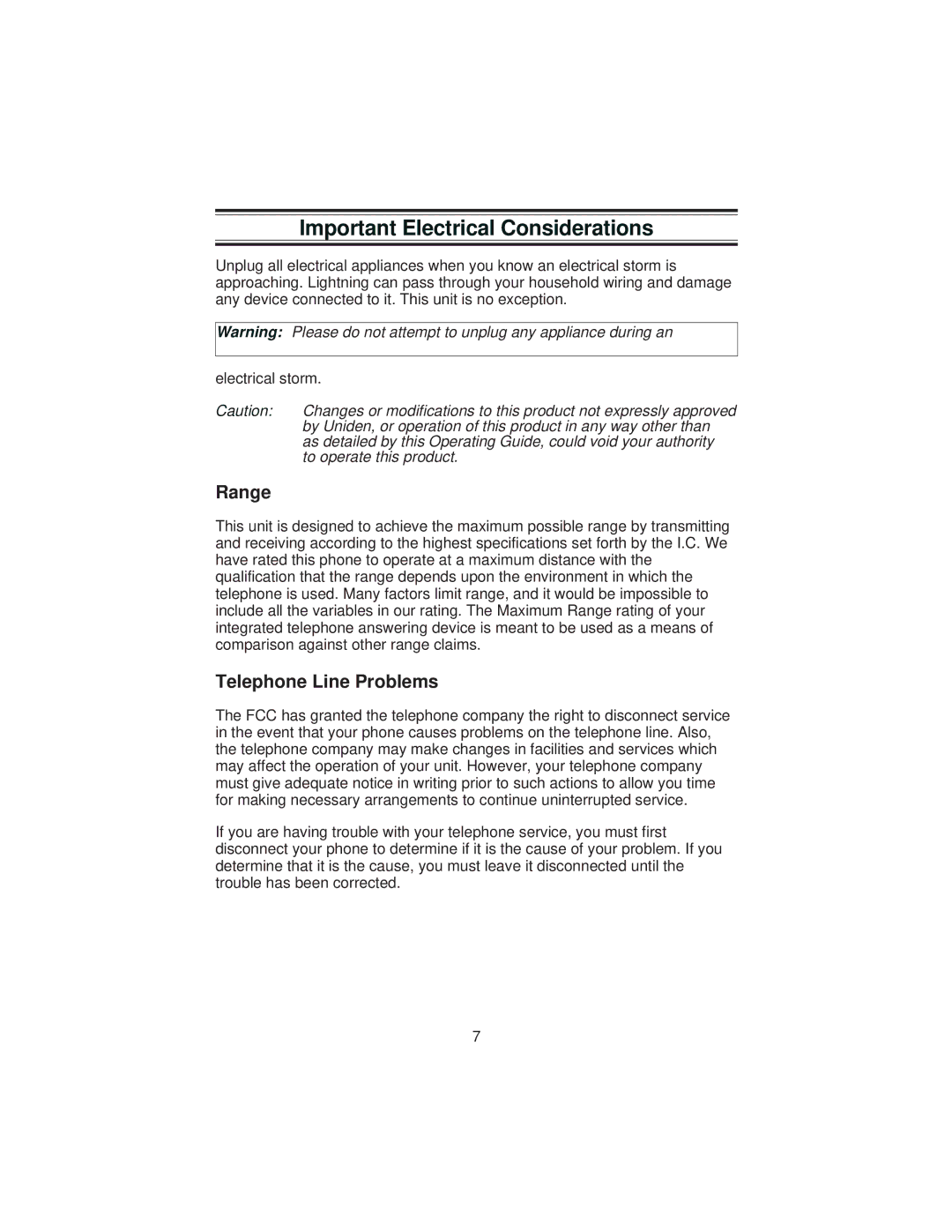 Uniden XCA4500 important safety instructions Important Electrical Considerations, Range, Telephone Line Problems 