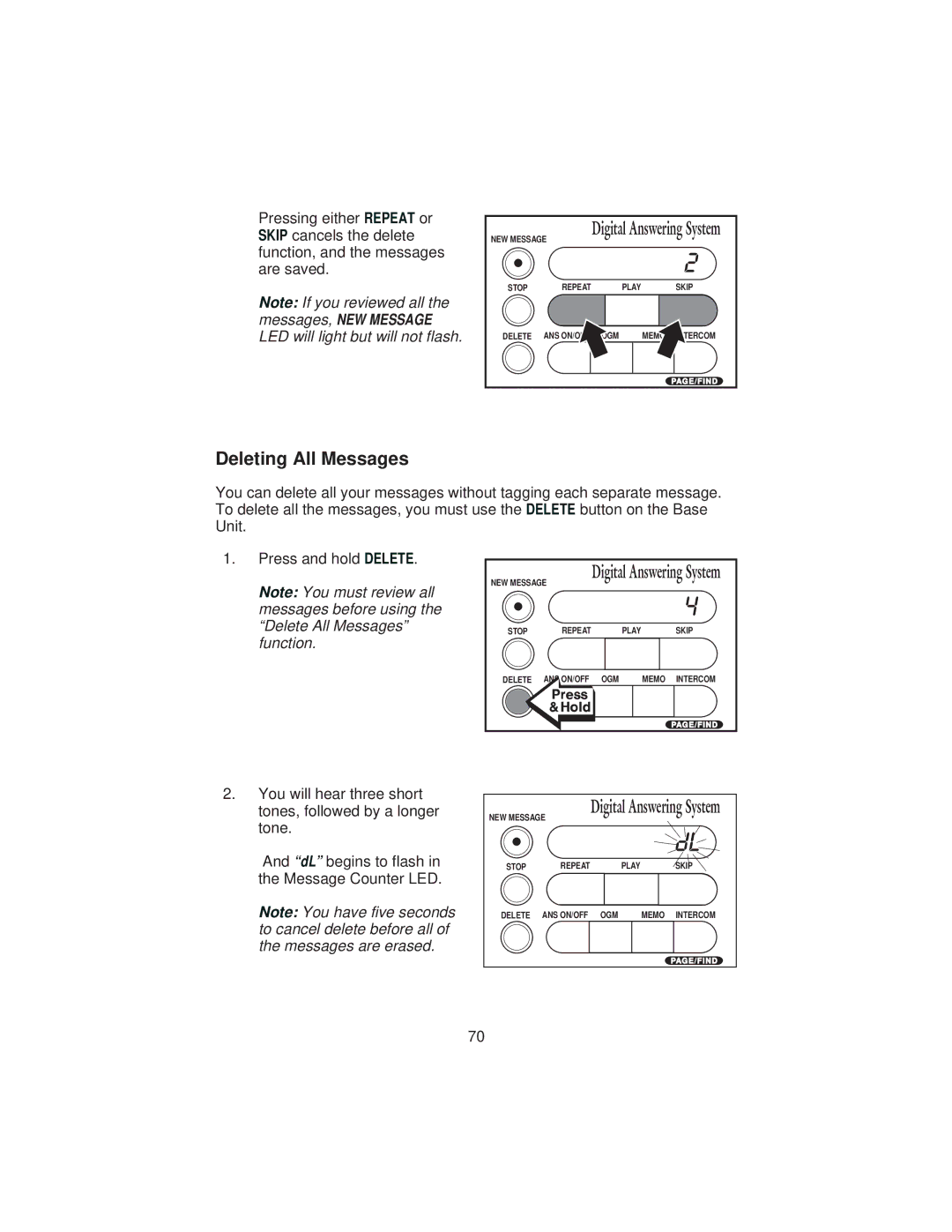 Uniden XCA4500 important safety instructions Deleting All Messages 