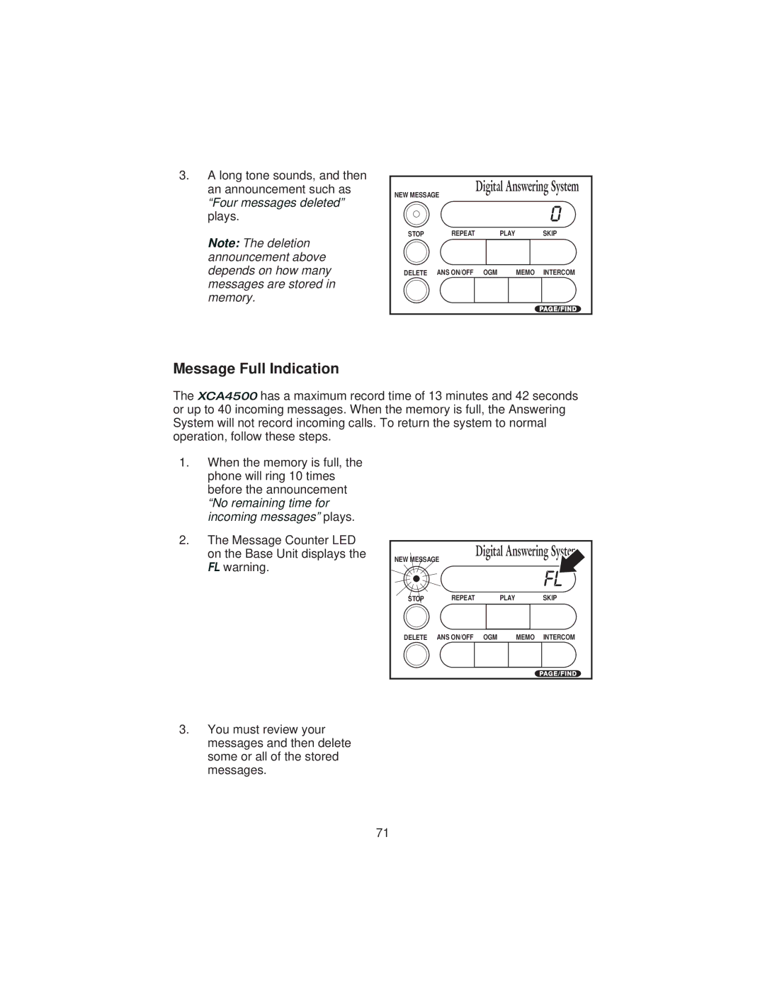 Uniden XCA4500 important safety instructions Message Full Indication, Digital Answering 