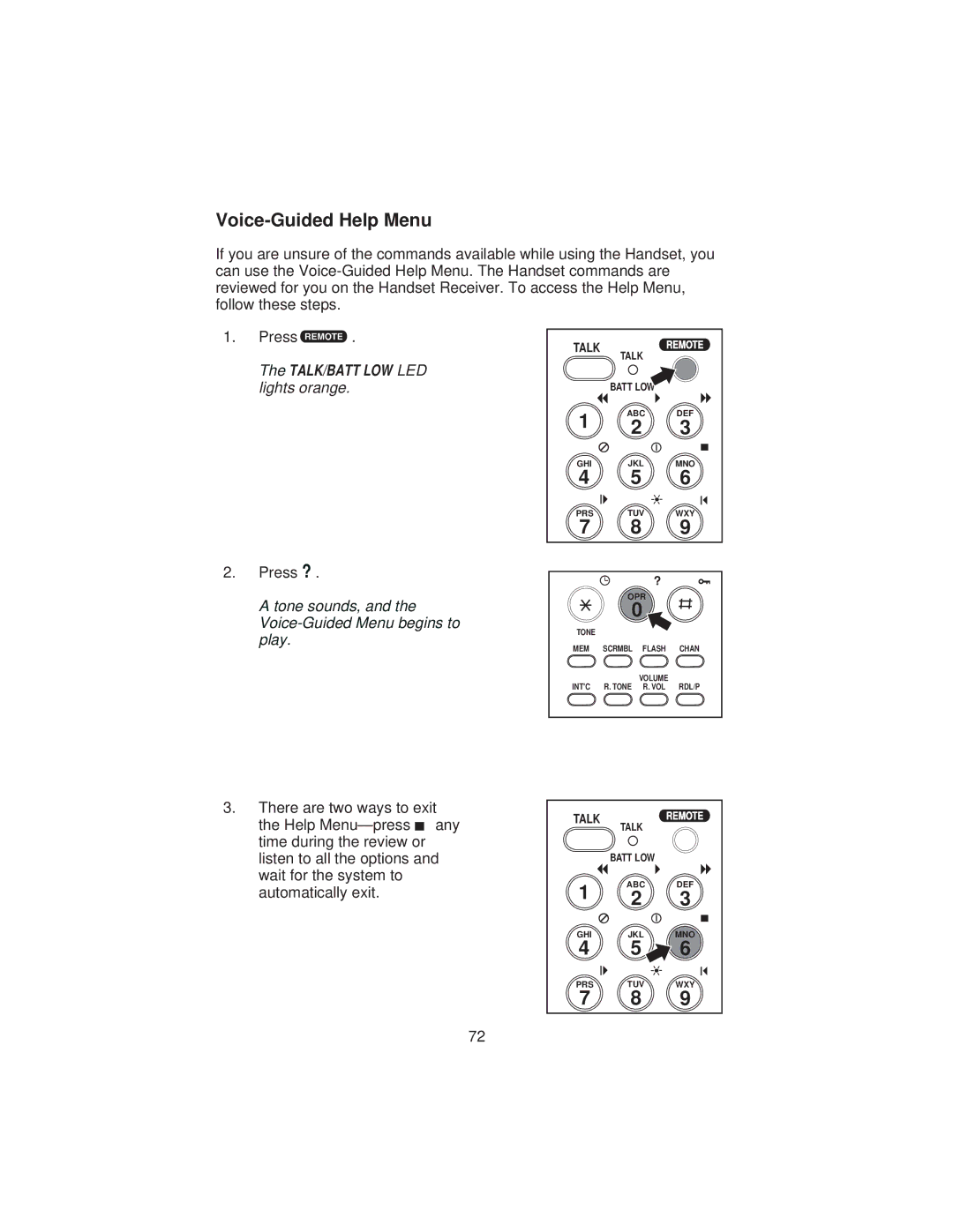 Uniden XCA4500 important safety instructions Voice-Guided Help Menu, Press r 