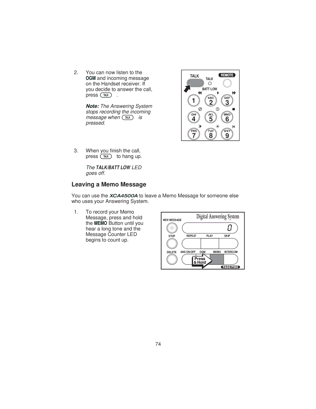 Uniden XCA4500 important safety instructions Leaving a Memo Message 