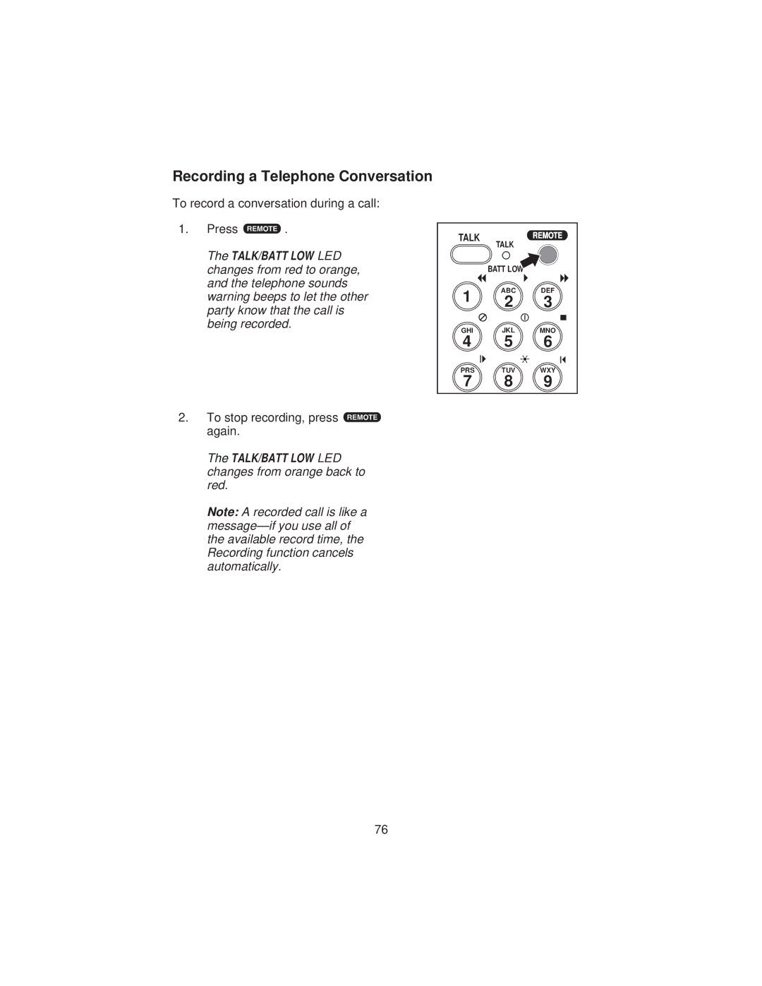 Uniden XCA4500 important safety instructions Recording a Telephone Conversation 