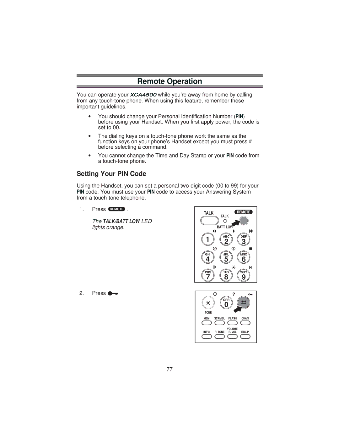 Uniden XCA4500 important safety instructions Remote Operation, Setting Your PIN Code, Press # 