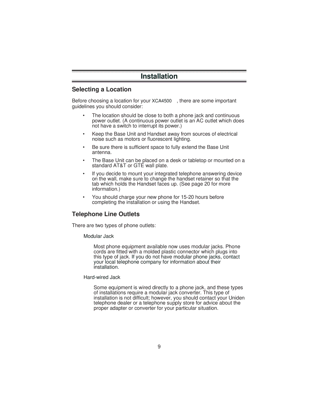 Uniden XCA4500 important safety instructions Installation, Selecting a Location, Telephone Line Outlets 