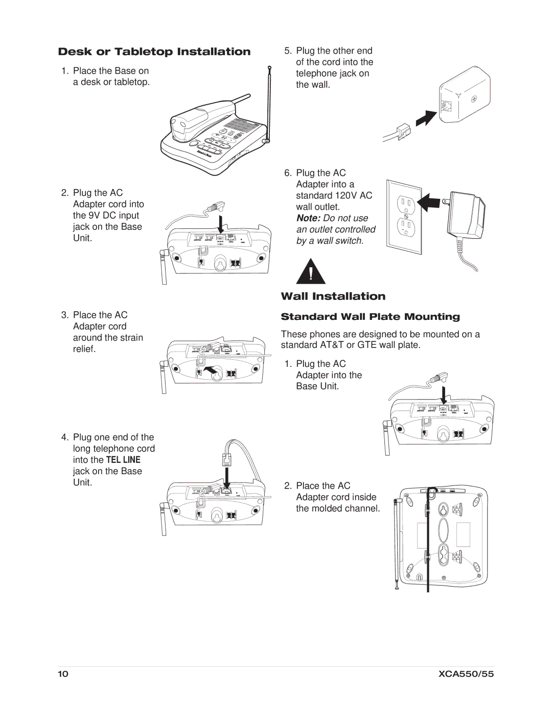 Uniden XCA550/55 Desk or Tabletop Installation, Wall Installation, Standard Wall Plate Mounting 