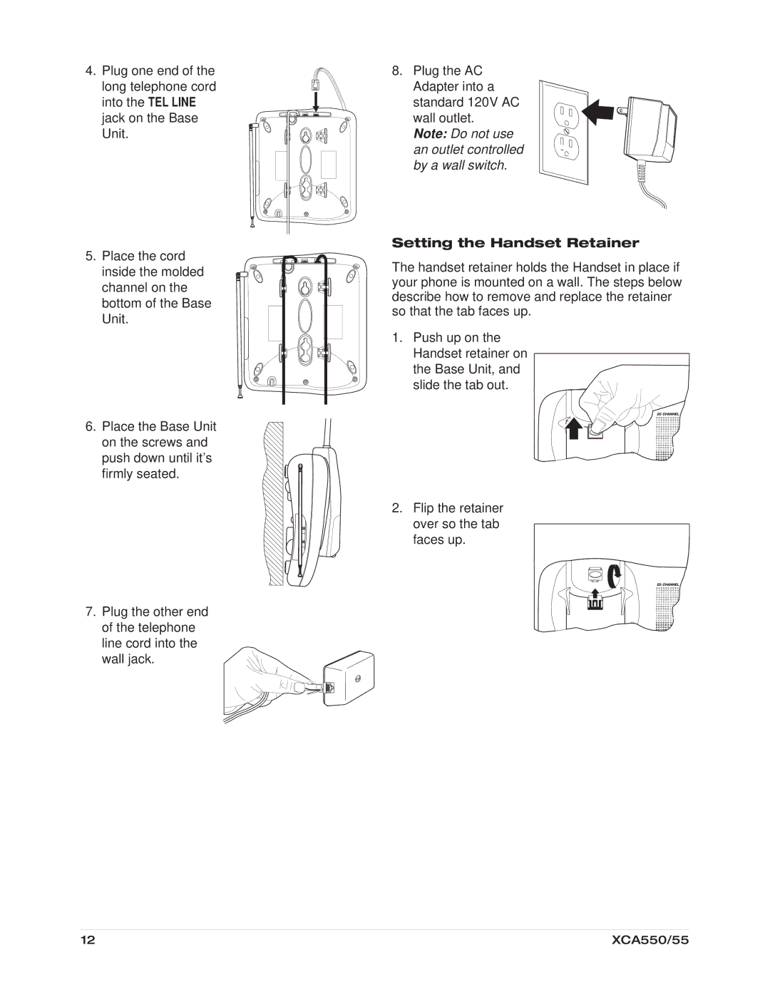 Uniden XCA550/55 important safety instructions Setting the Handset Retainer 