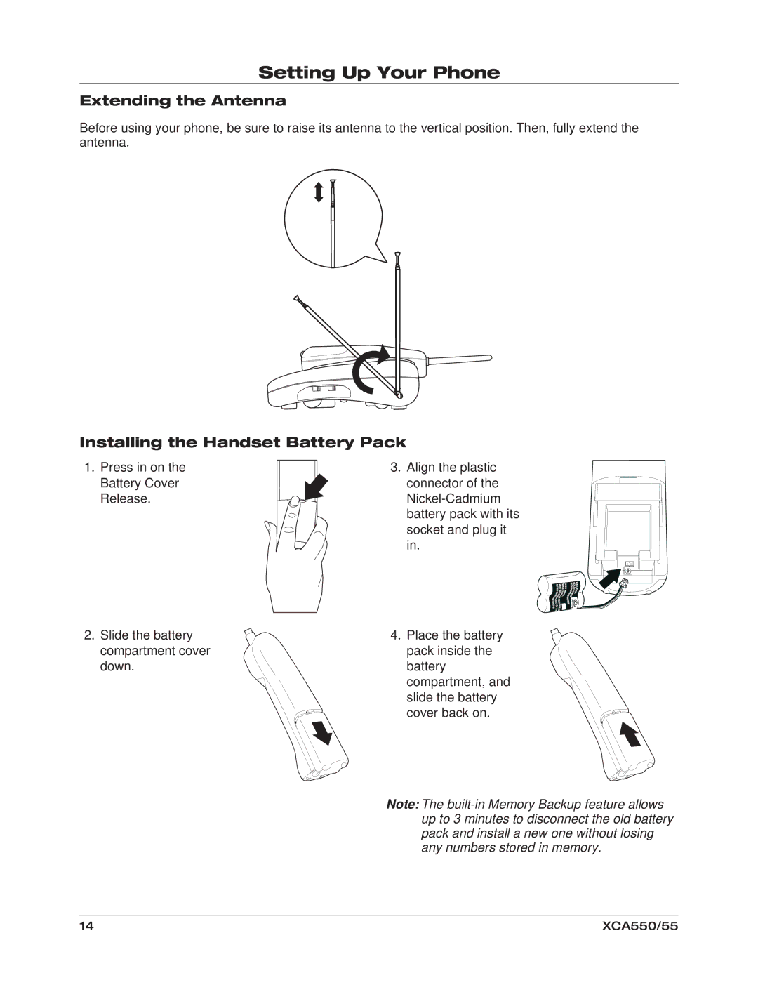 Uniden XCA550/55 Setting Up Your Phone, Extending the Antenna, Installing the Handset Battery Pack 