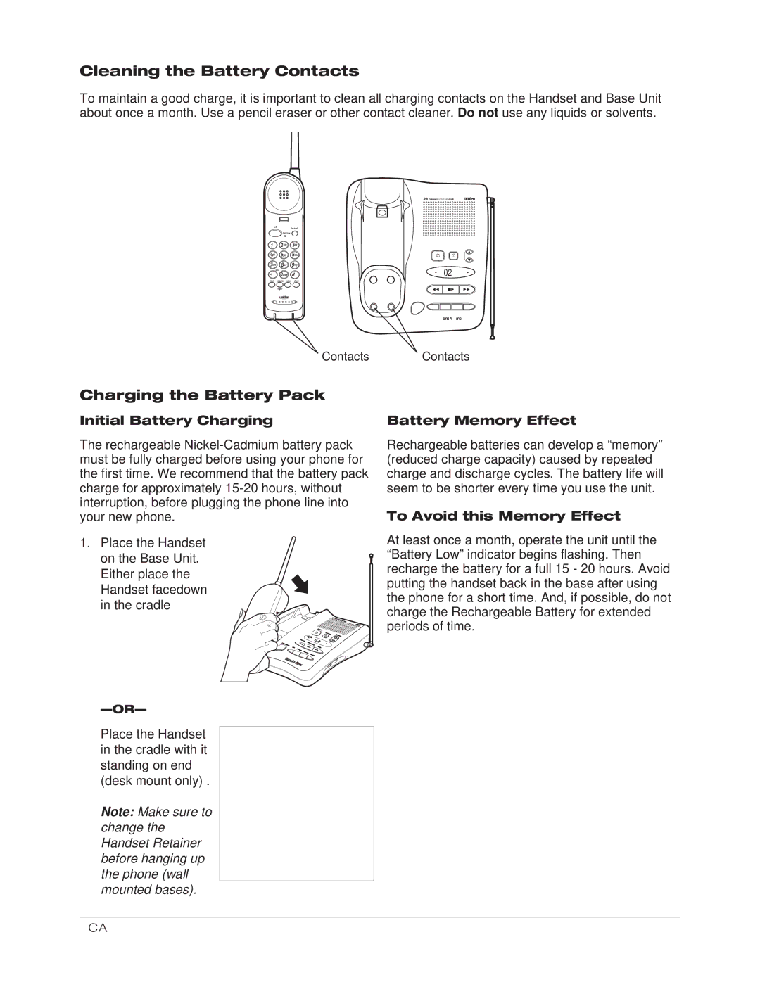 Uniden XCA550/55 Cleaning the Battery Contacts, Charging the Battery Pack, Initial Battery Charging, Battery Memory Effect 