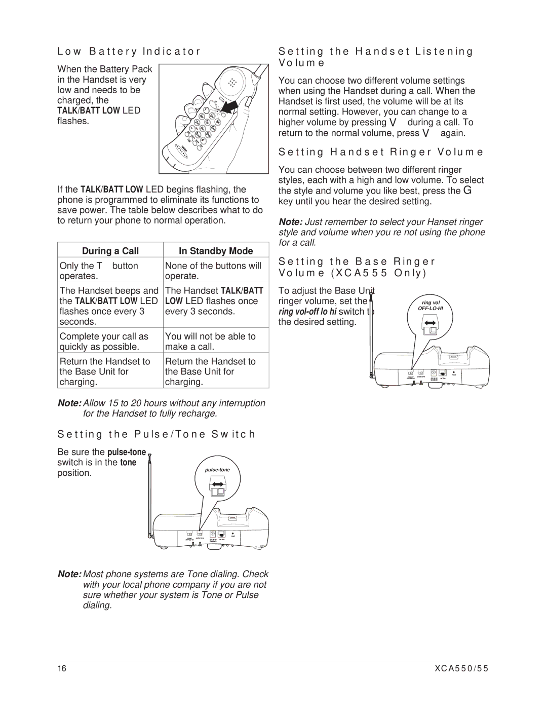 Uniden XCA550/55 Low Battery Indicator, Setting the Pulse/Tone Switch, Setting the Handset Listening Volume 