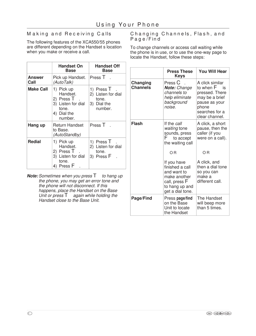 Uniden XCA550/55 Using Your Phone, Making and Receiving Calls, Changing Channels, Flash, and Page/Find 