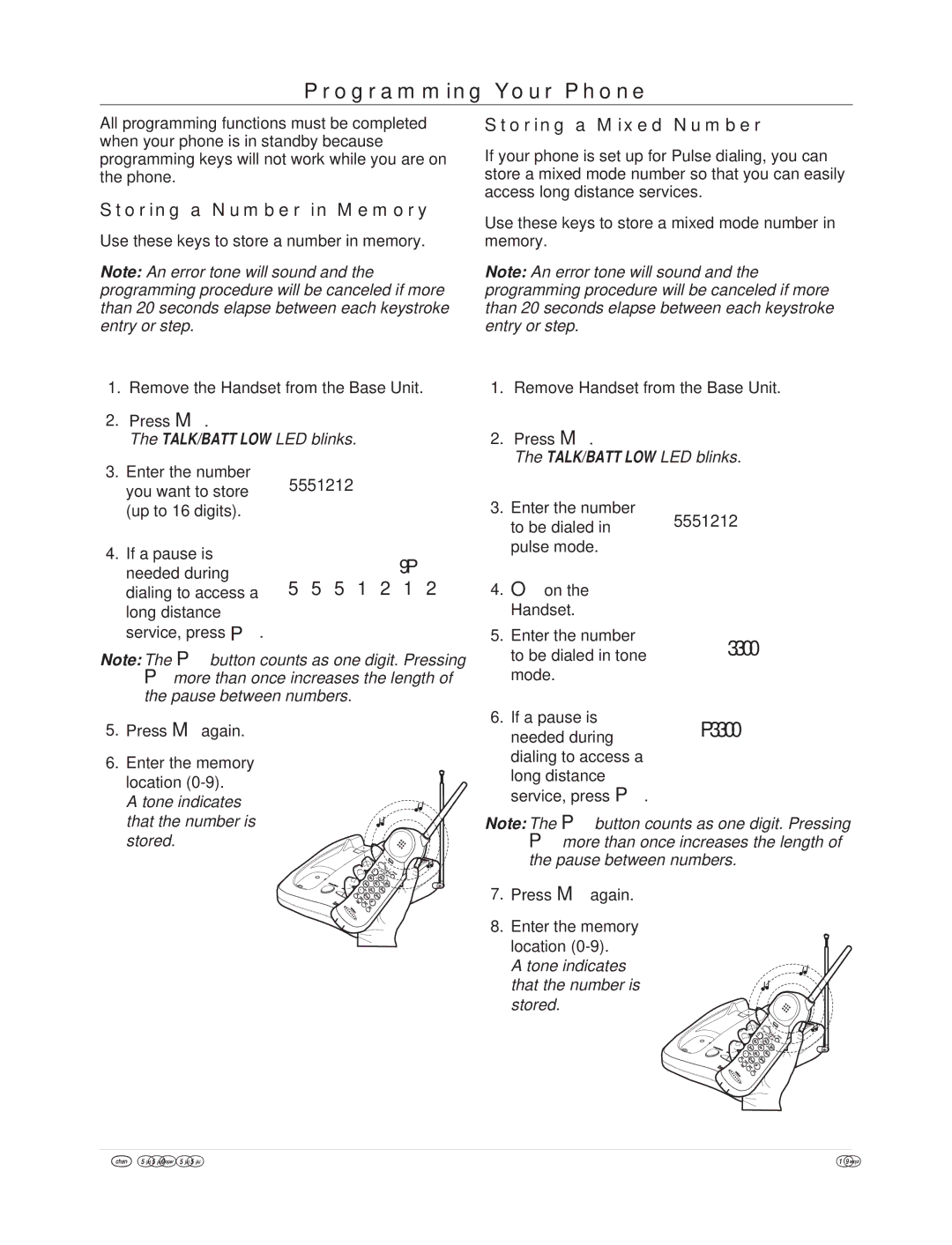 Uniden XCA550/55 Programming Your Phone, Storing a Number in Memory, Storing a Mixed Number, LED blinks 