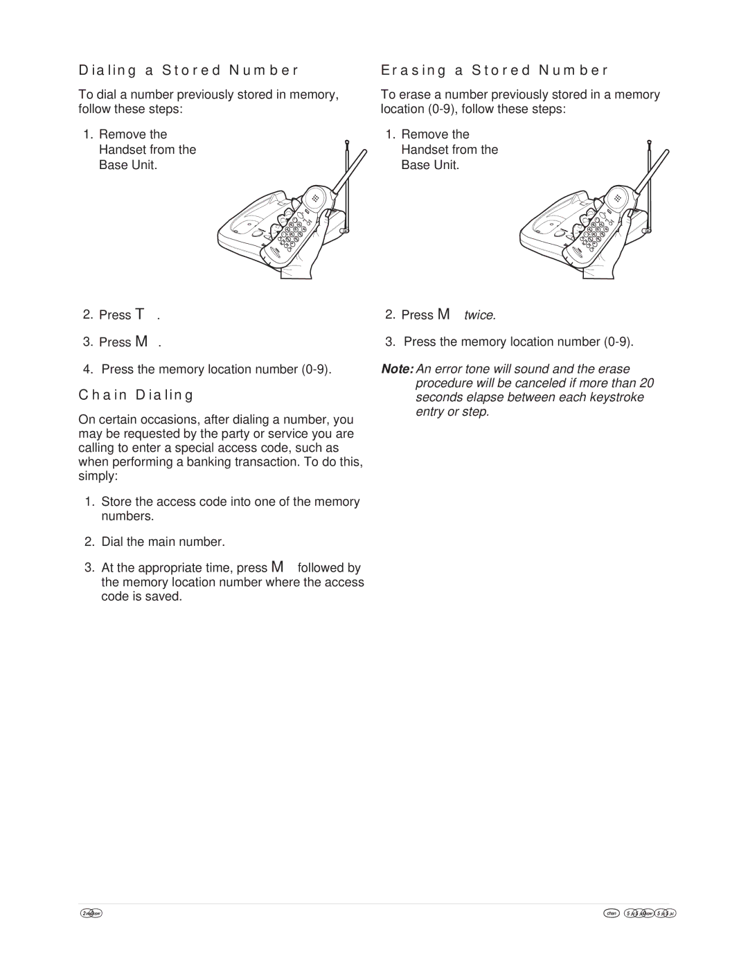 Uniden XCA550/55 important safety instructions Dialing a Stored Number, Chain Dialing, Erasing a Stored Number 