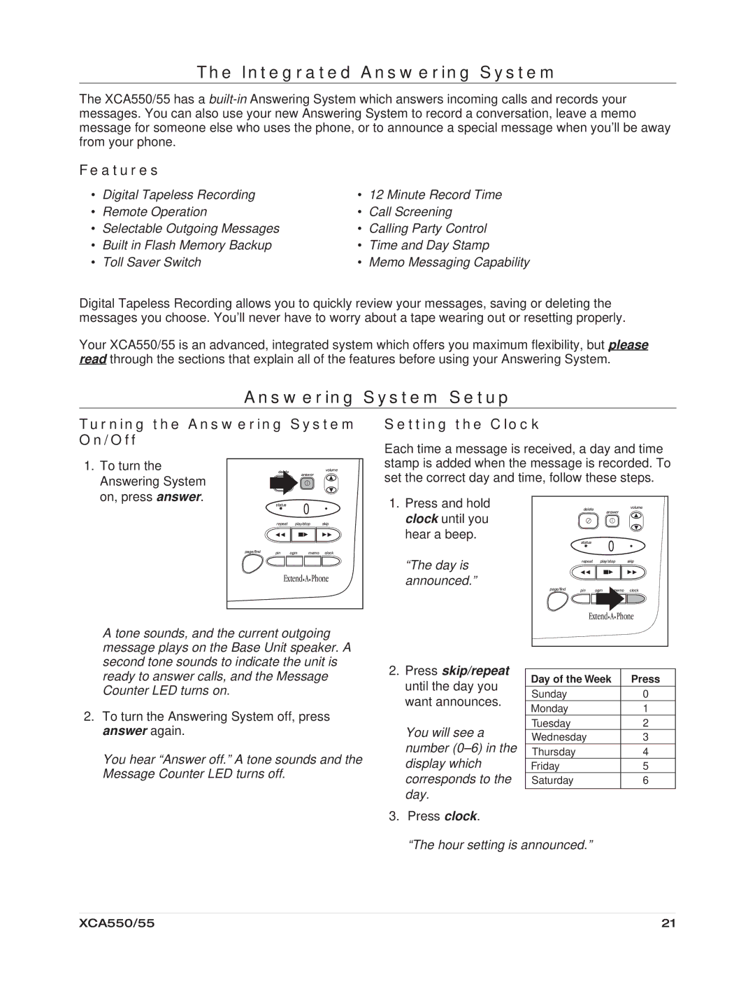 Uniden XCA550/55 Integrated Answering System, Answering System Setup, Day is announced, Hour setting is announced 