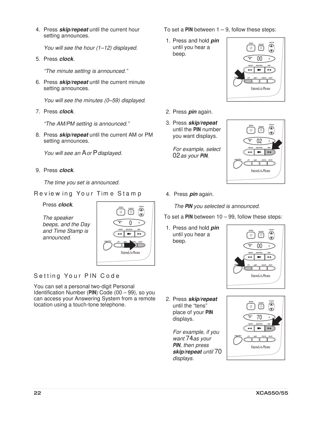 Uniden XCA550/55 important safety instructions Reviewing Your Time Stamp, Setting Your PIN Code 