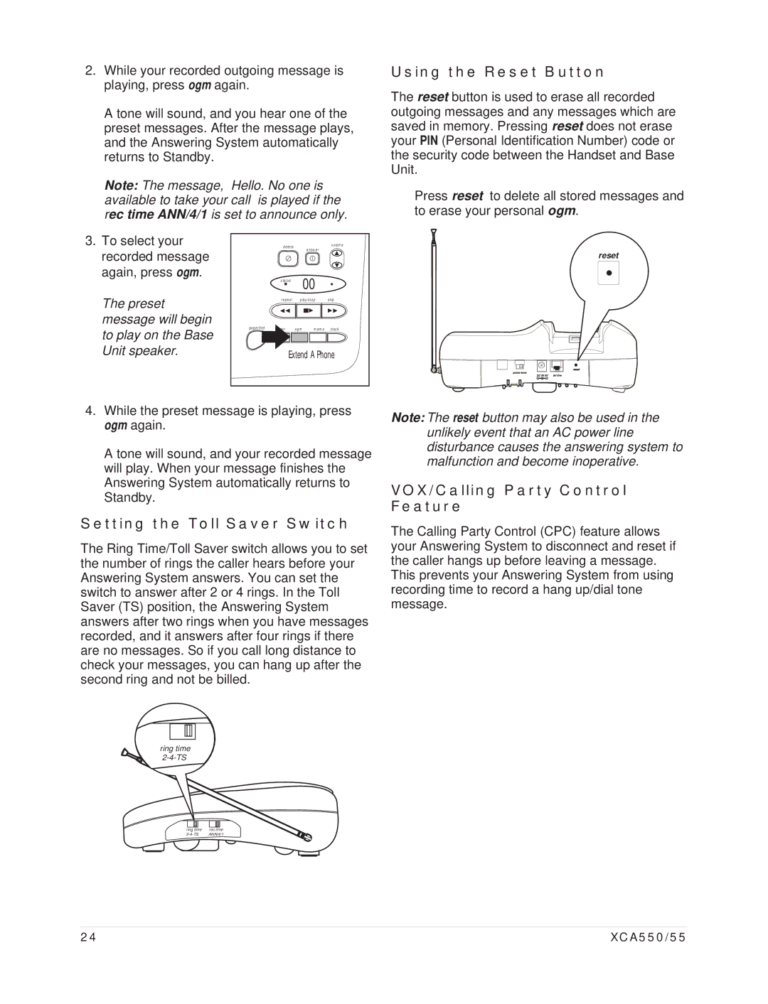 Uniden XCA550/55 Using the Reset Button, Setting the Toll Saver Switch, VOX/Calling Party Control Feature 
