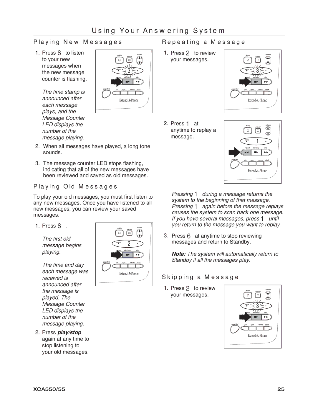 Uniden XCA550/55 Using Your Answering System, Playing New Messages Repeating a Message, Playing Old Messages 