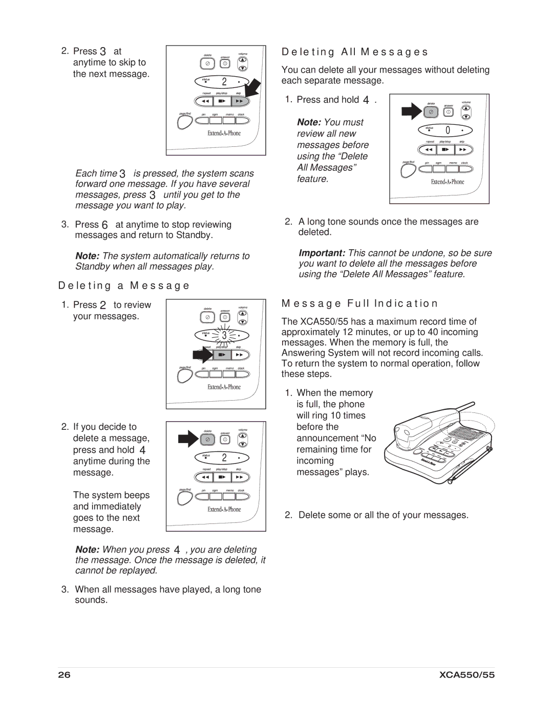 Uniden XCA550/55 important safety instructions Deleting All Messages, Deleting a Message, Message Full Indication 