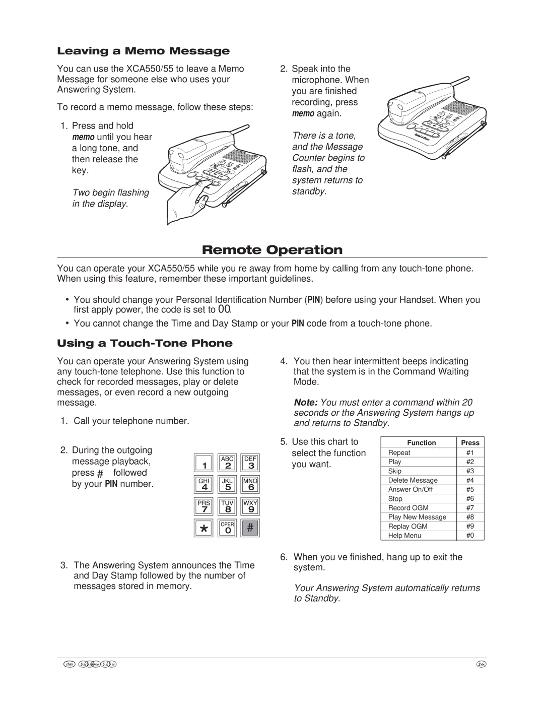 Uniden XCA550/55 Remote Operation, Leaving a Memo Message, Using a Touch-Tone Phone, Two begin flashing in the display 