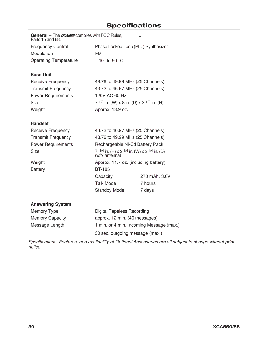 Uniden XCA550/55 important safety instructions Specifications, Base Unit 