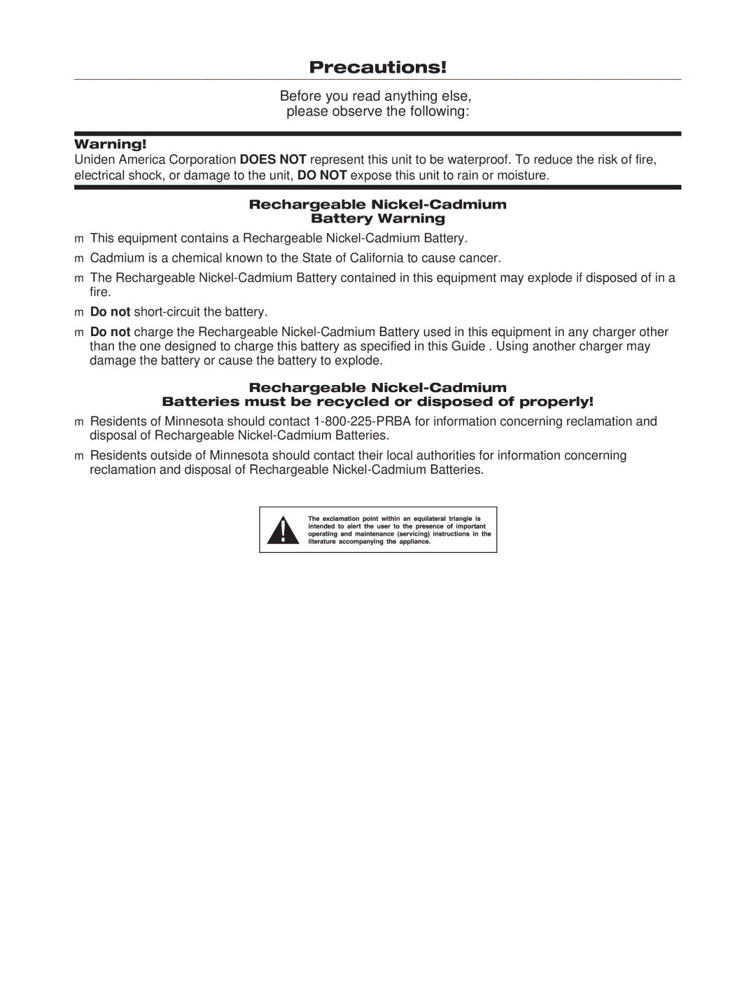 Uniden XCA550/55 important safety instructions Precautions, Rechargeable Nickel-Cadmium Battery Warning 