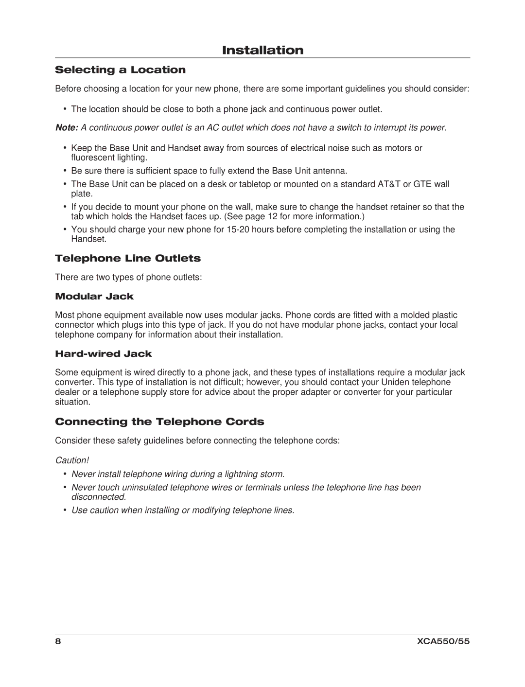 Uniden XCA550/55 Installation, Selecting a Location, Telephone Line Outlets, Connecting the Telephone Cords 