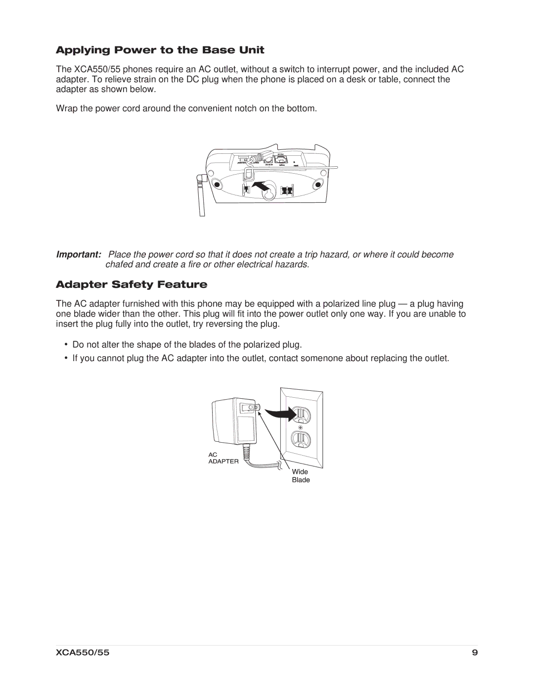 Uniden XCA550/55 important safety instructions Applying Power to the Base Unit, Adapter Safety Feature 