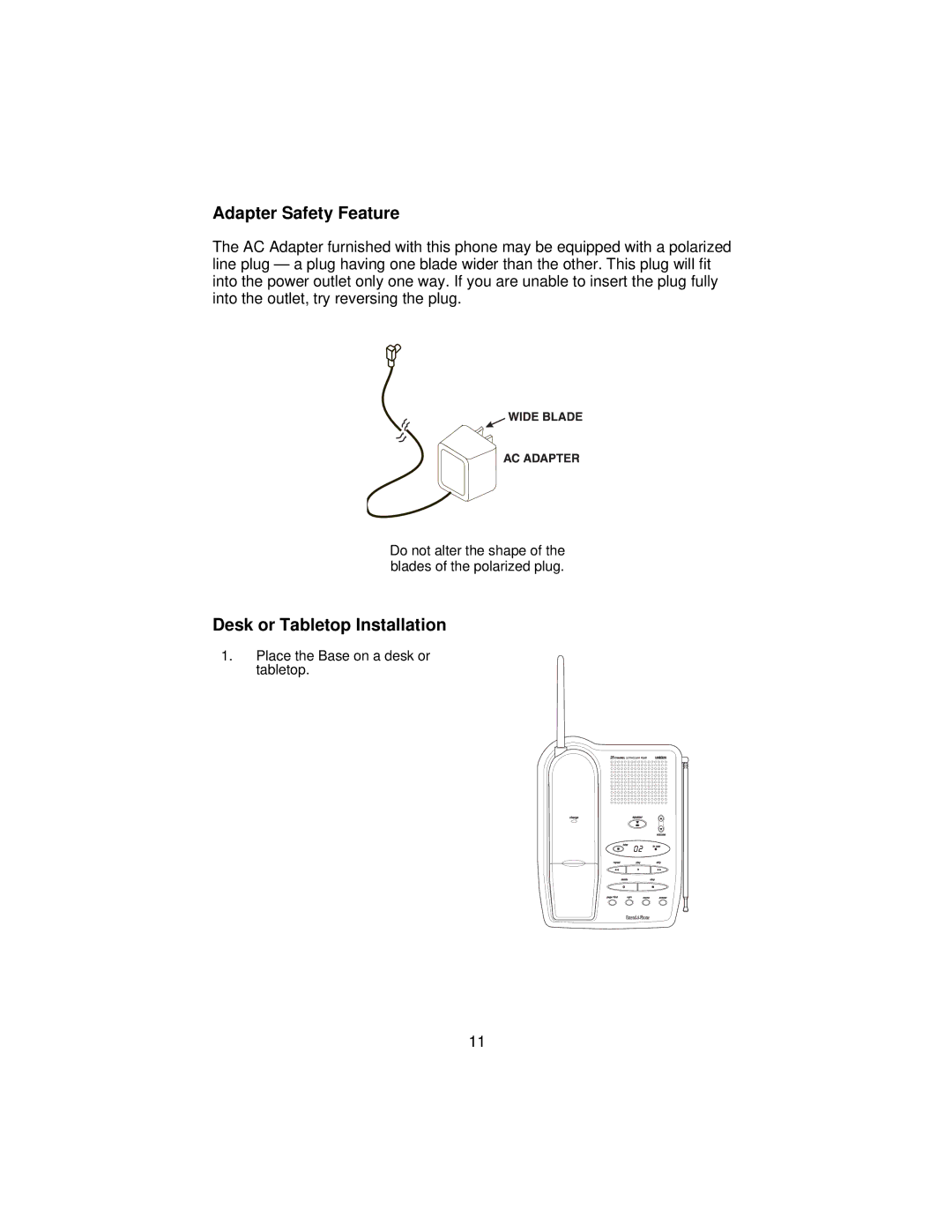 Uniden XCA650 important safety instructions Adapter Safety Feature, Desk or Tabletop Installation 