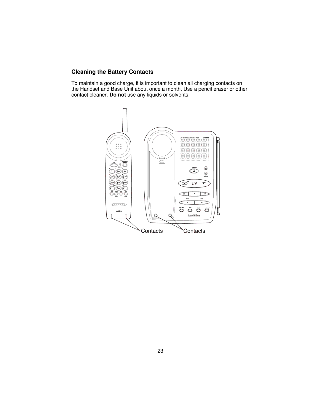 Uniden XCA650 important safety instructions Cleaning the Battery Contacts 