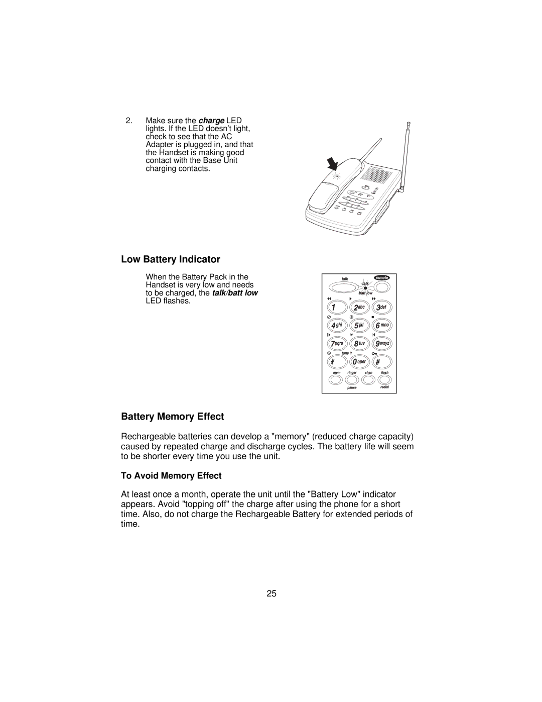 Uniden XCA650 important safety instructions Low Battery Indicator, Battery Memory Effect 