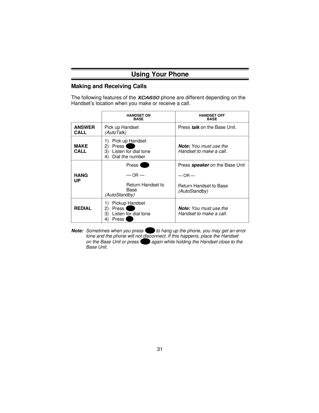 Uniden XCA650 important safety instructions Using Your Phone, Making and Receiving Calls 