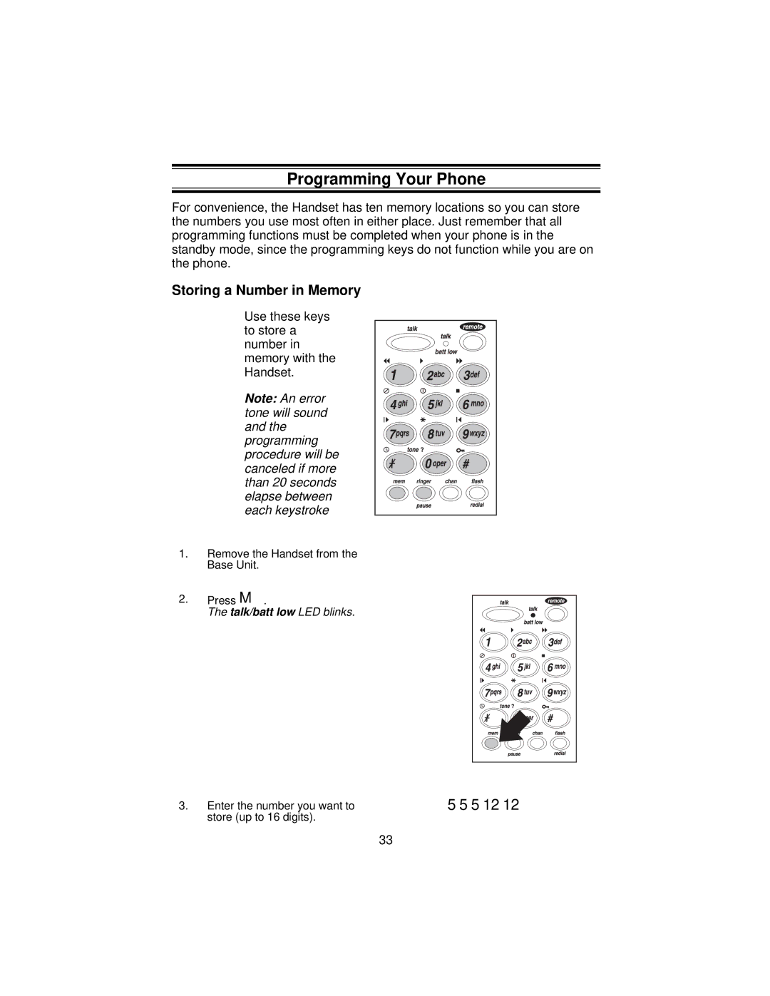 Uniden XCA650 important safety instructions Programming Your Phone, Storing a Number in Memory 