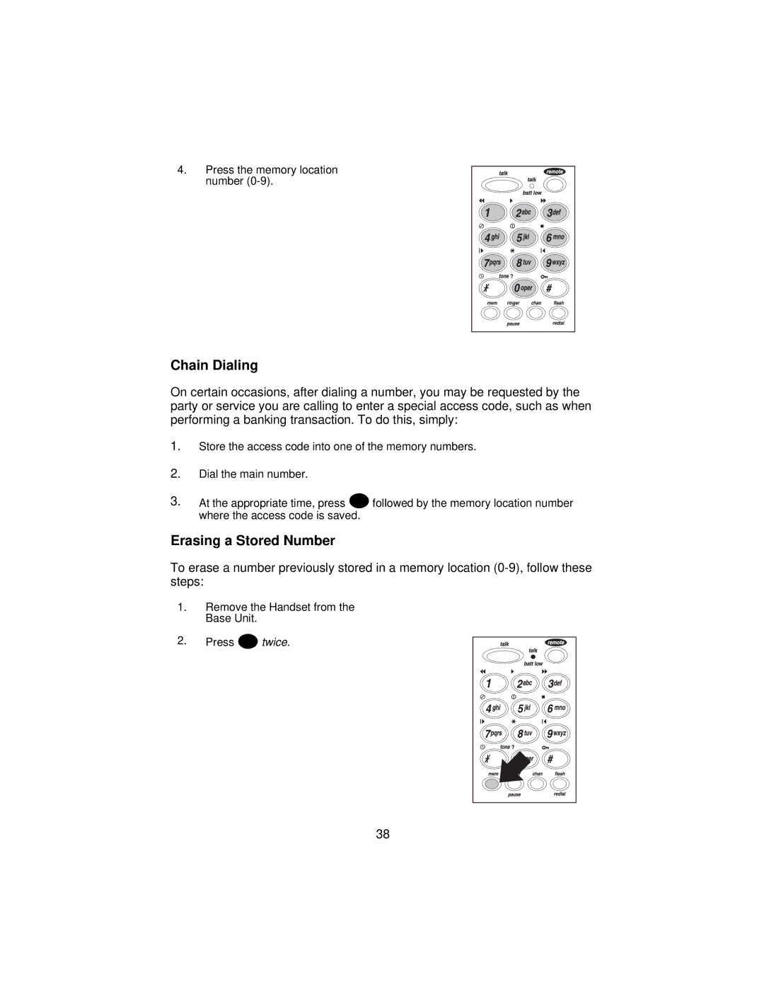 Uniden XCA650 important safety instructions Chain Dialing, Erasing a Stored Number 