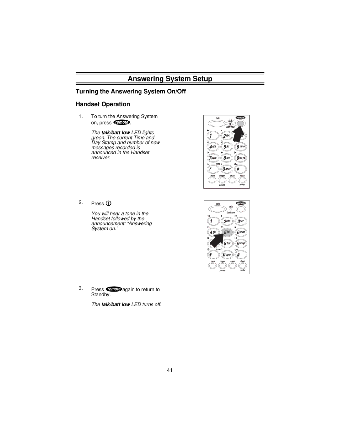 Uniden XCA650 important safety instructions Answering System Setup, Turning the Answering System On/Off Handset Operation 