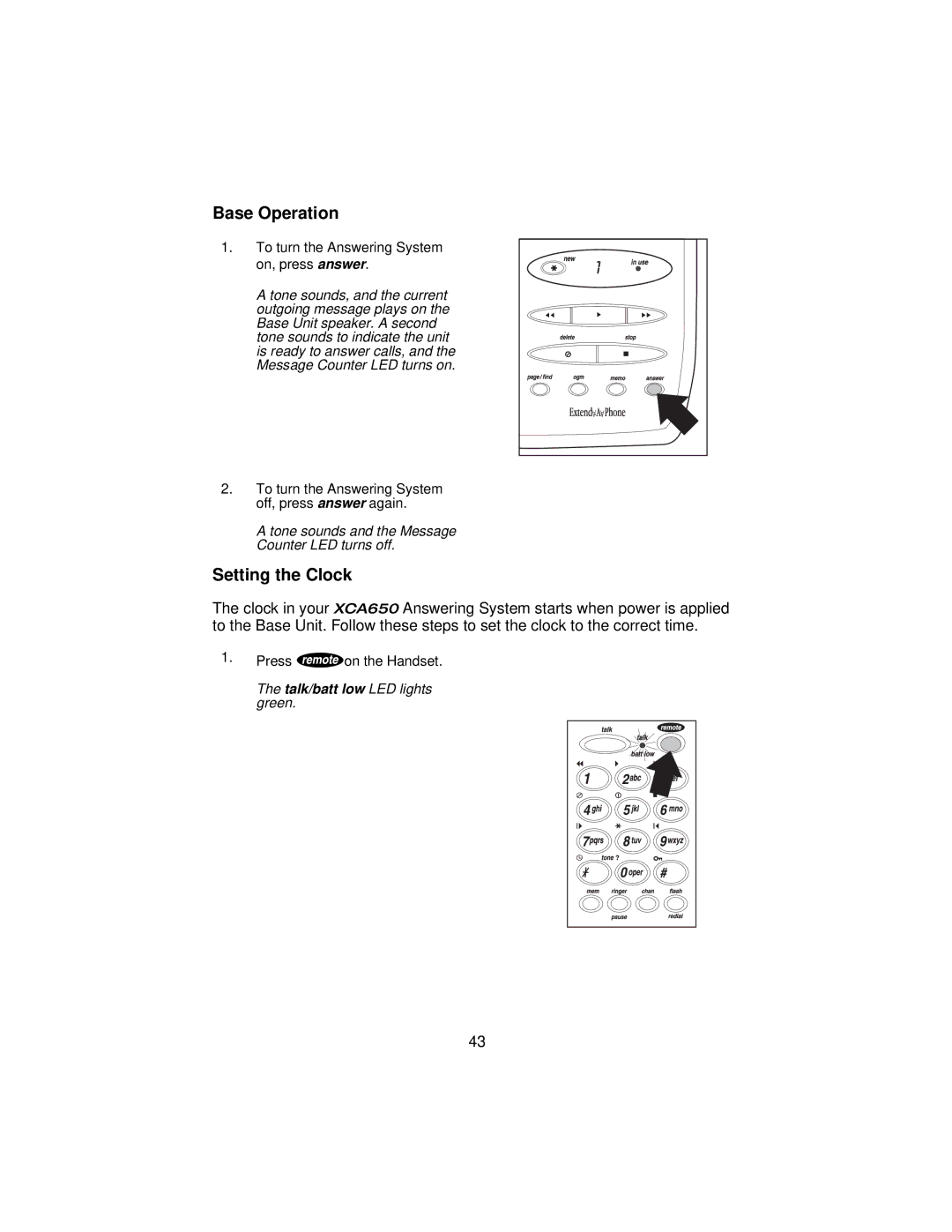 Uniden XCA650 important safety instructions Base Operation, Setting the Clock 