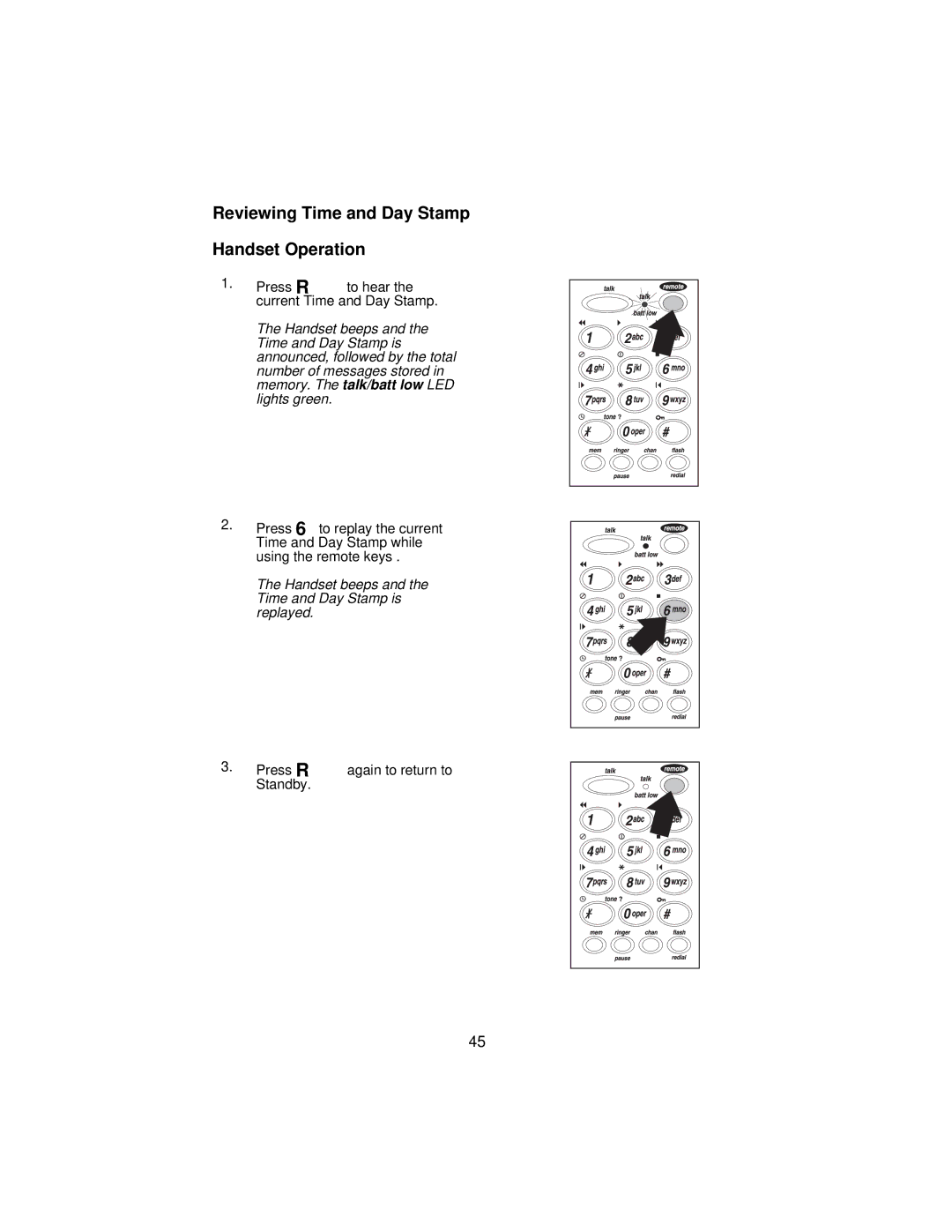 Uniden XCA650 important safety instructions Reviewing Time and Day Stamp Handset Operation 