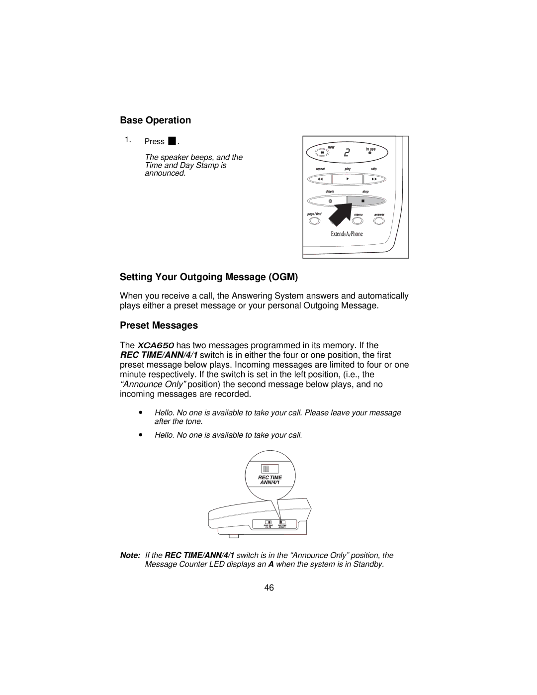 Uniden XCA650 important safety instructions Setting Your Outgoing Message OGM, Preset Messages 