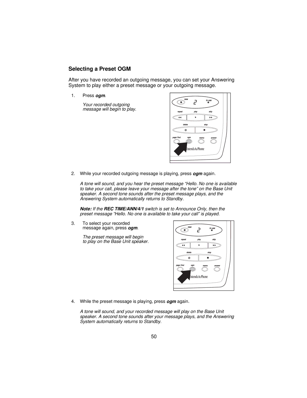 Uniden XCA650 important safety instructions Selecting a Preset OGM 