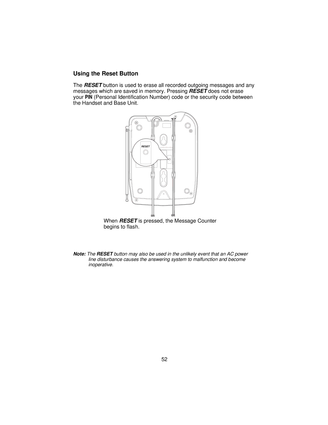 Uniden XCA650 important safety instructions Using the Reset Button 