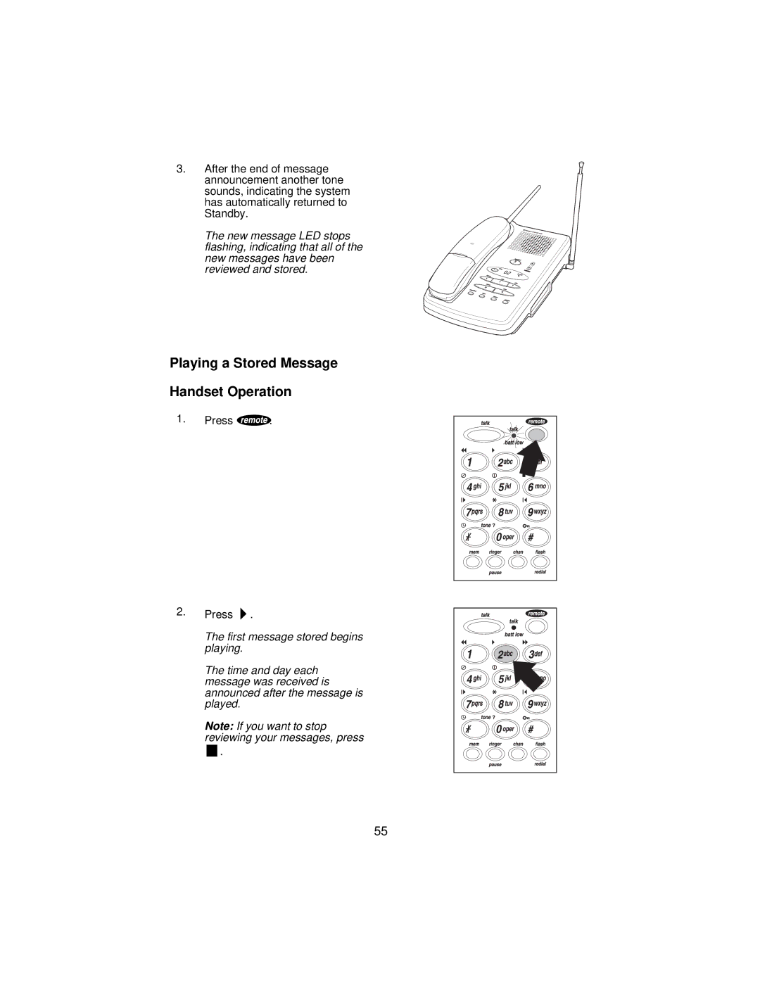 Uniden XCA650 important safety instructions Playing a Stored Message Handset Operation 