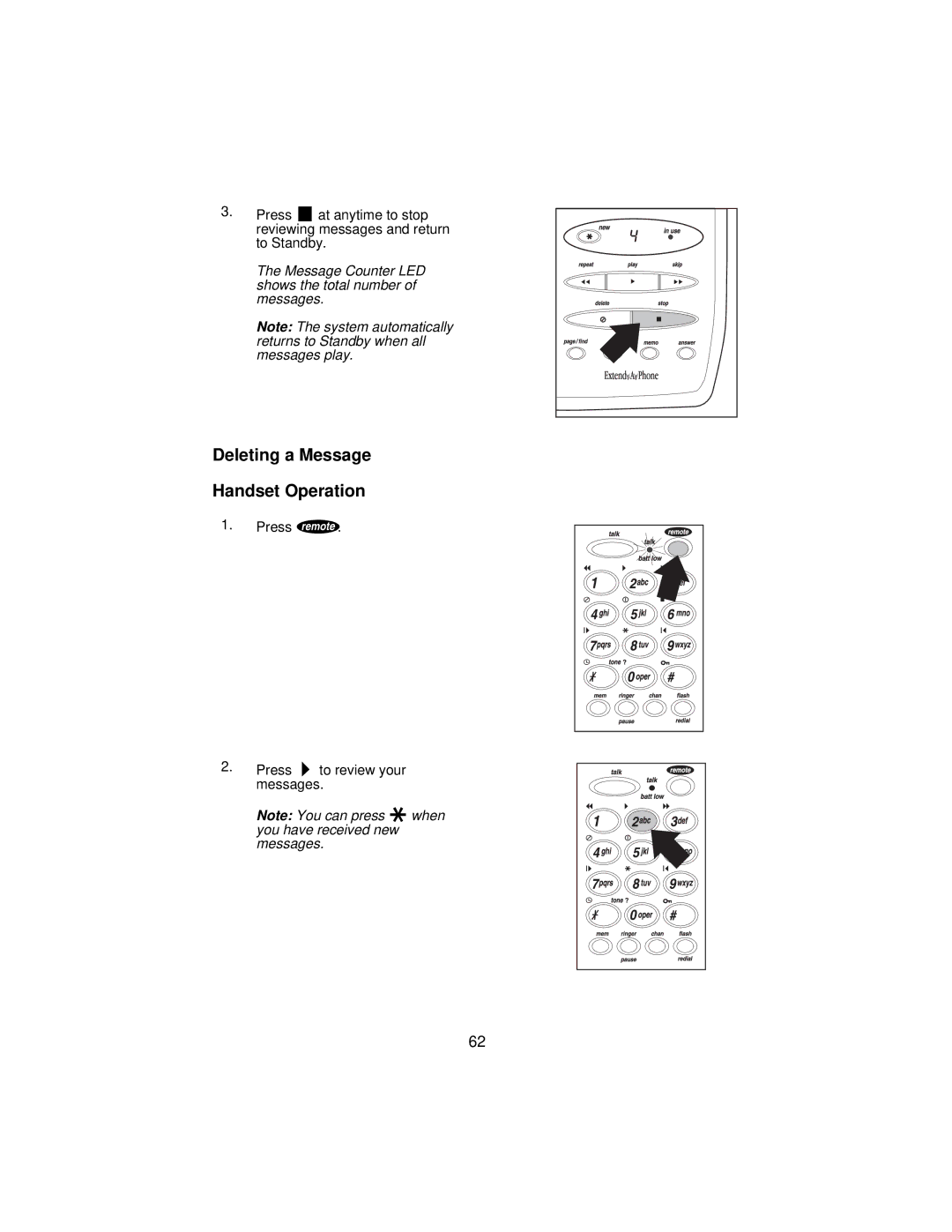 Uniden XCA650 important safety instructions Deleting a Message Handset Operation 