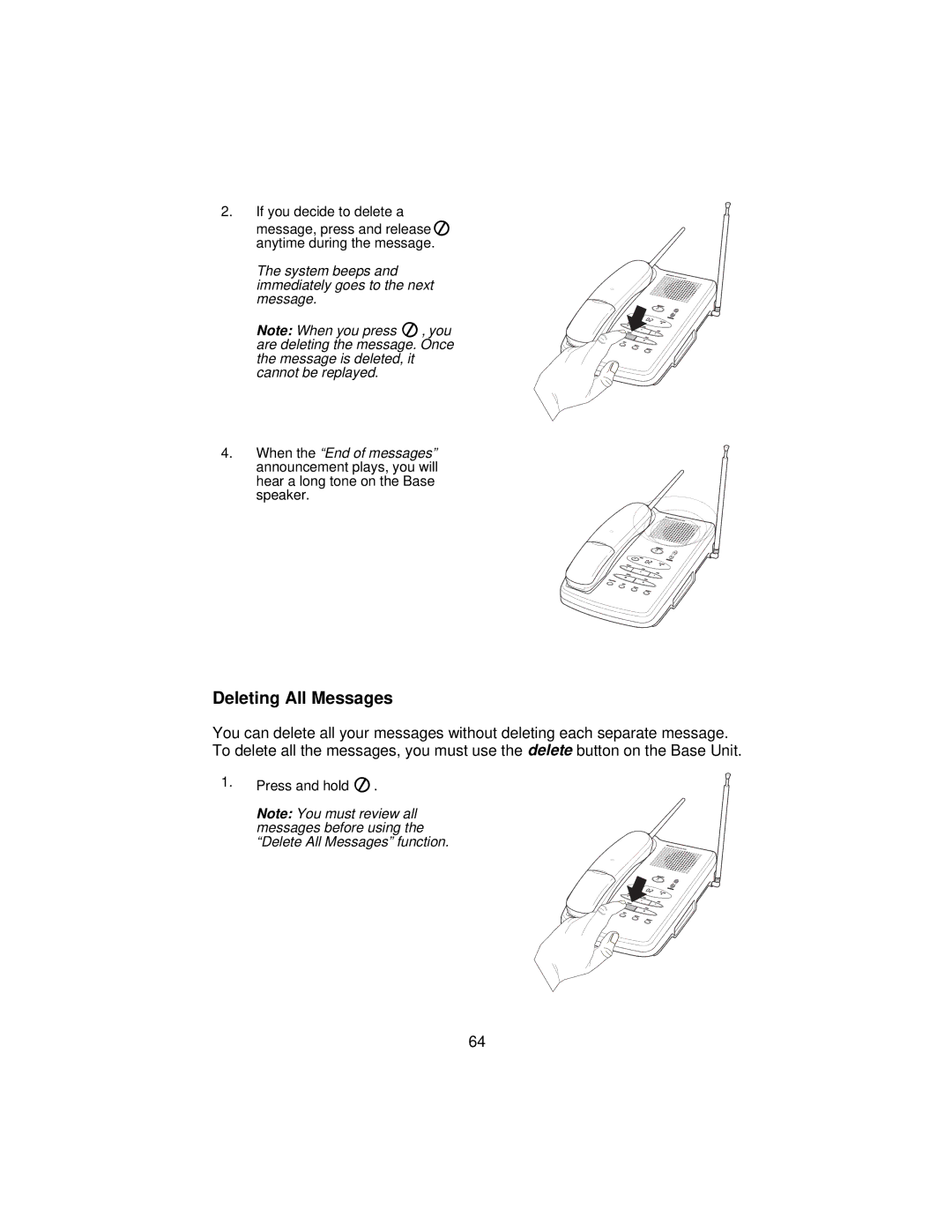 Uniden XCA650 important safety instructions Deleting All Messages 