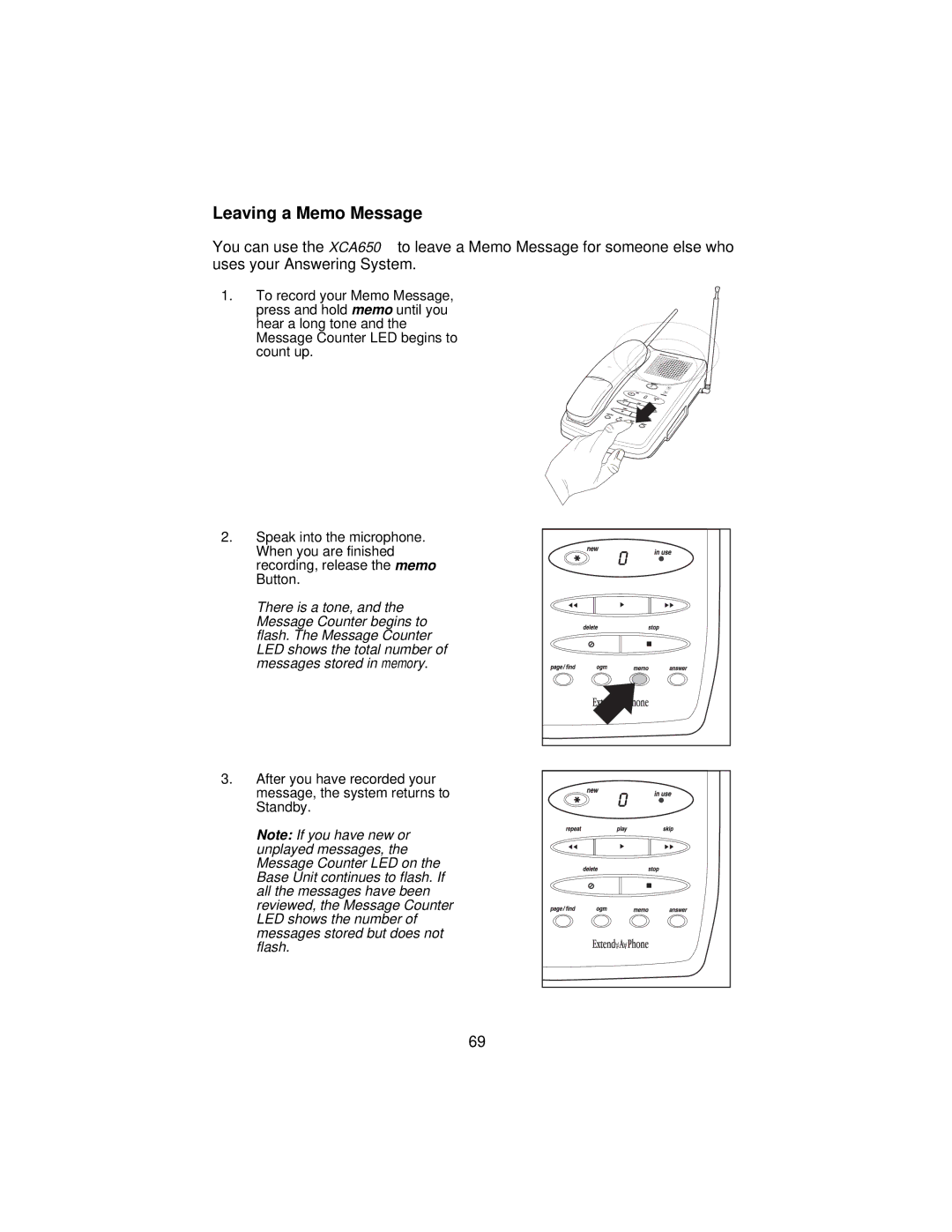 Uniden XCA650 important safety instructions Leaving a Memo Message 