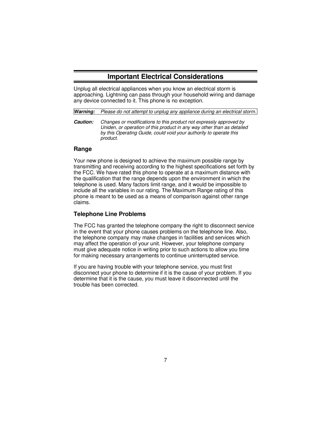 Uniden XCA650 important safety instructions Important Electrical Considerations, Range, Telephone Line Problems 