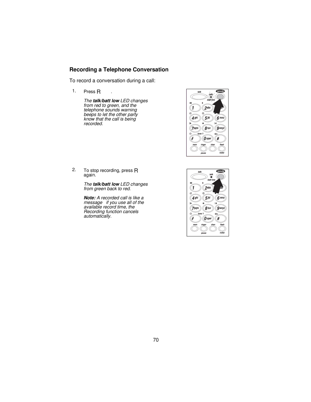 Uniden XCA650 important safety instructions Recording a Telephone Conversation, To record a conversation during a call 