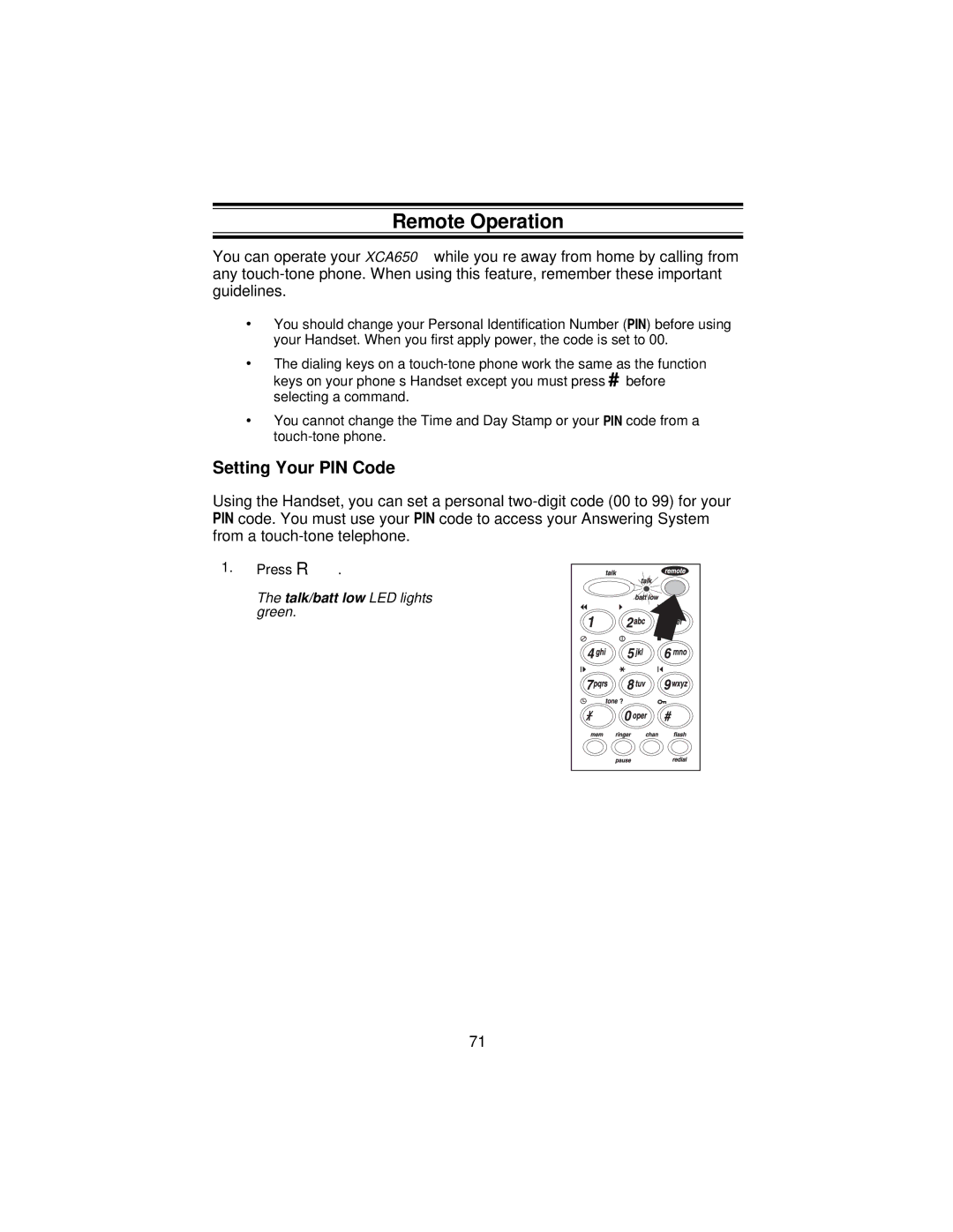 Uniden XCA650 important safety instructions Remote Operation, Setting Your PIN Code 