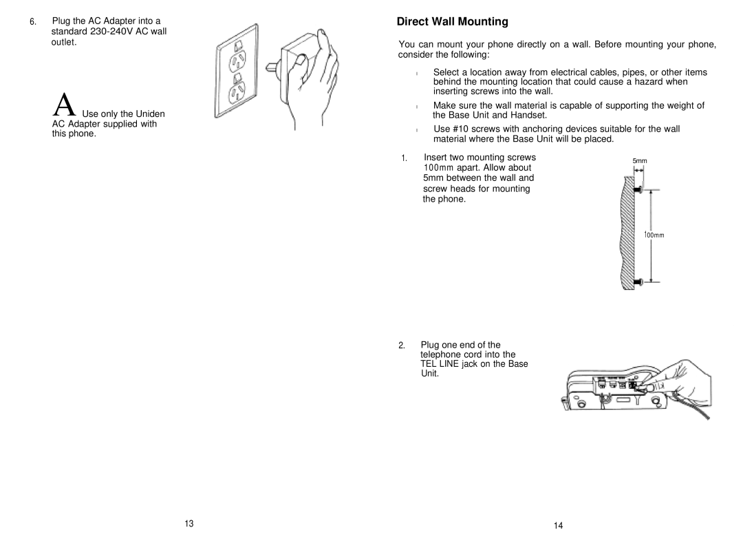 Uniden XCA750 manual Direct Wall Mounting 