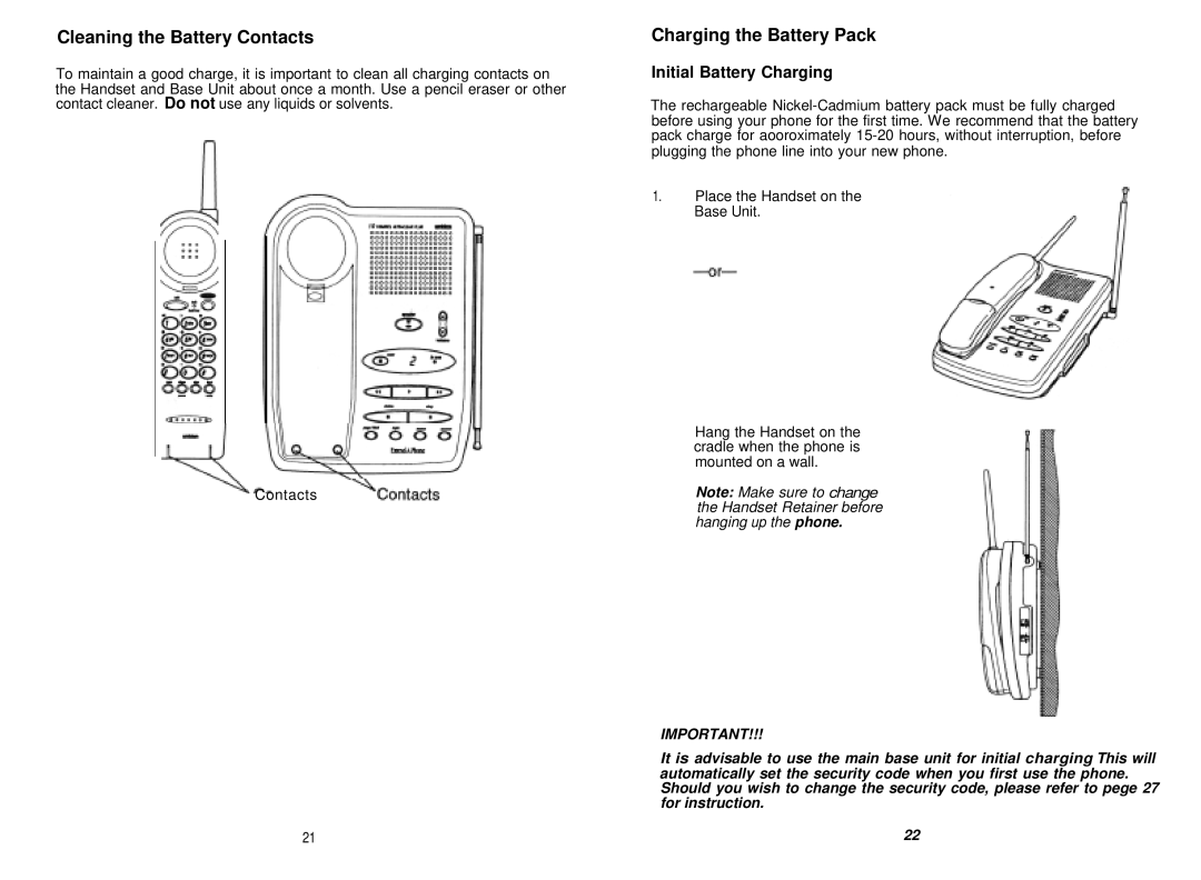 Uniden XCA750 manual Cleaning the Battery Contacts, Charging the Battery Pack 