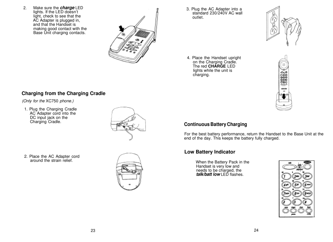 Uniden XCA750 manual Charging from the Charging Cradle, Continuous Battery Charging, Low Battery Indicator 